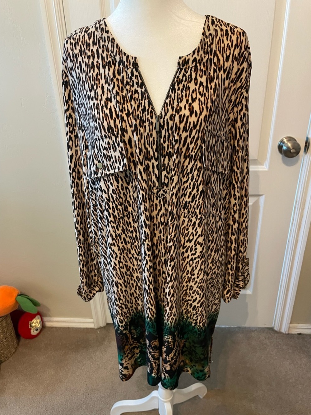 Investments Slim Factor Tan Leopard-Print Tunic with Green Hem Accent